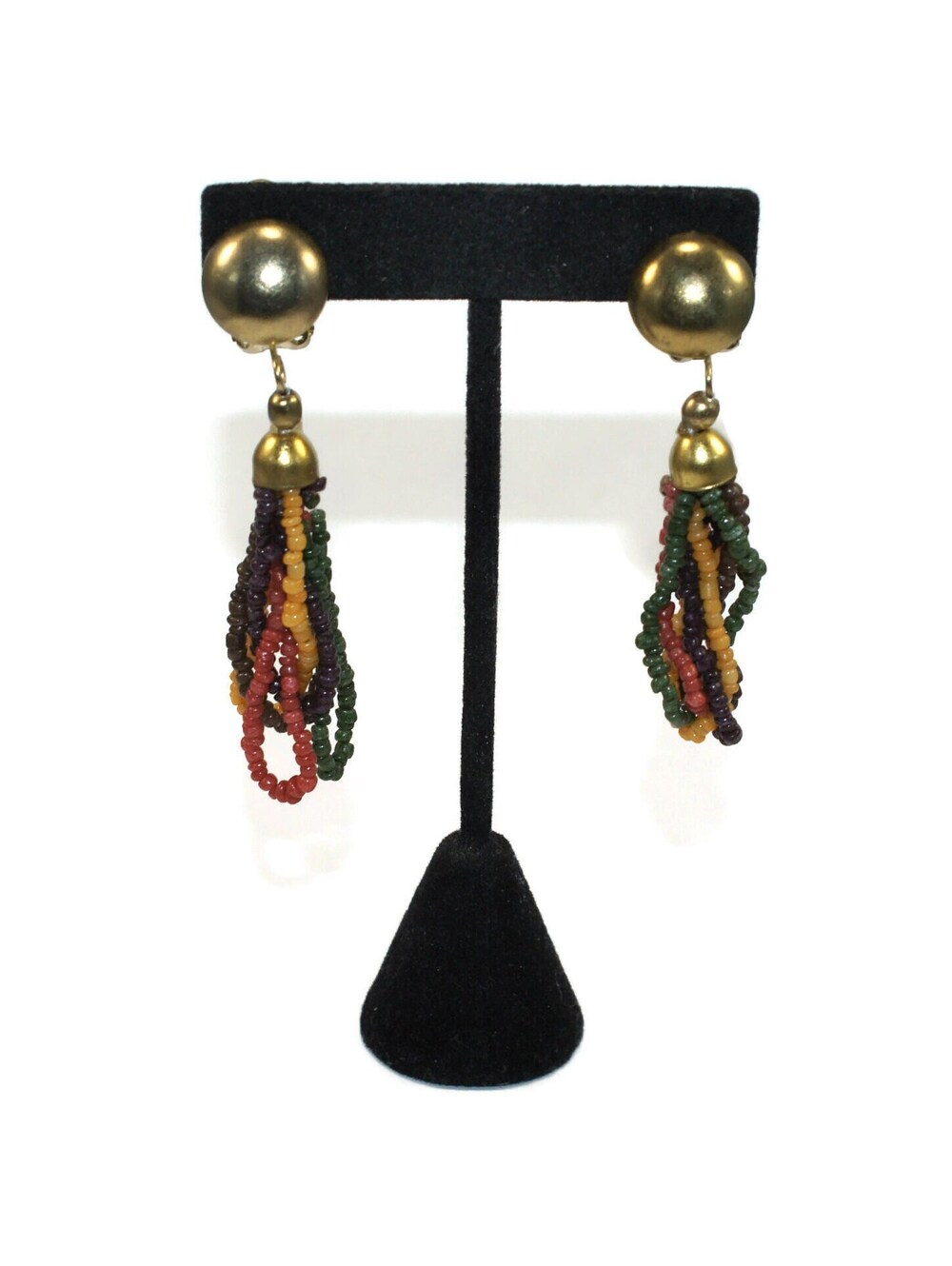 Vintage Gold Tone with Red, Yellow and Brown Beads Dangle Clip on Earrings.